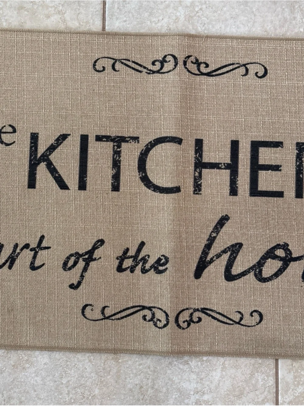 Kitchen Runner Mat - Natural Burlap with Black Text